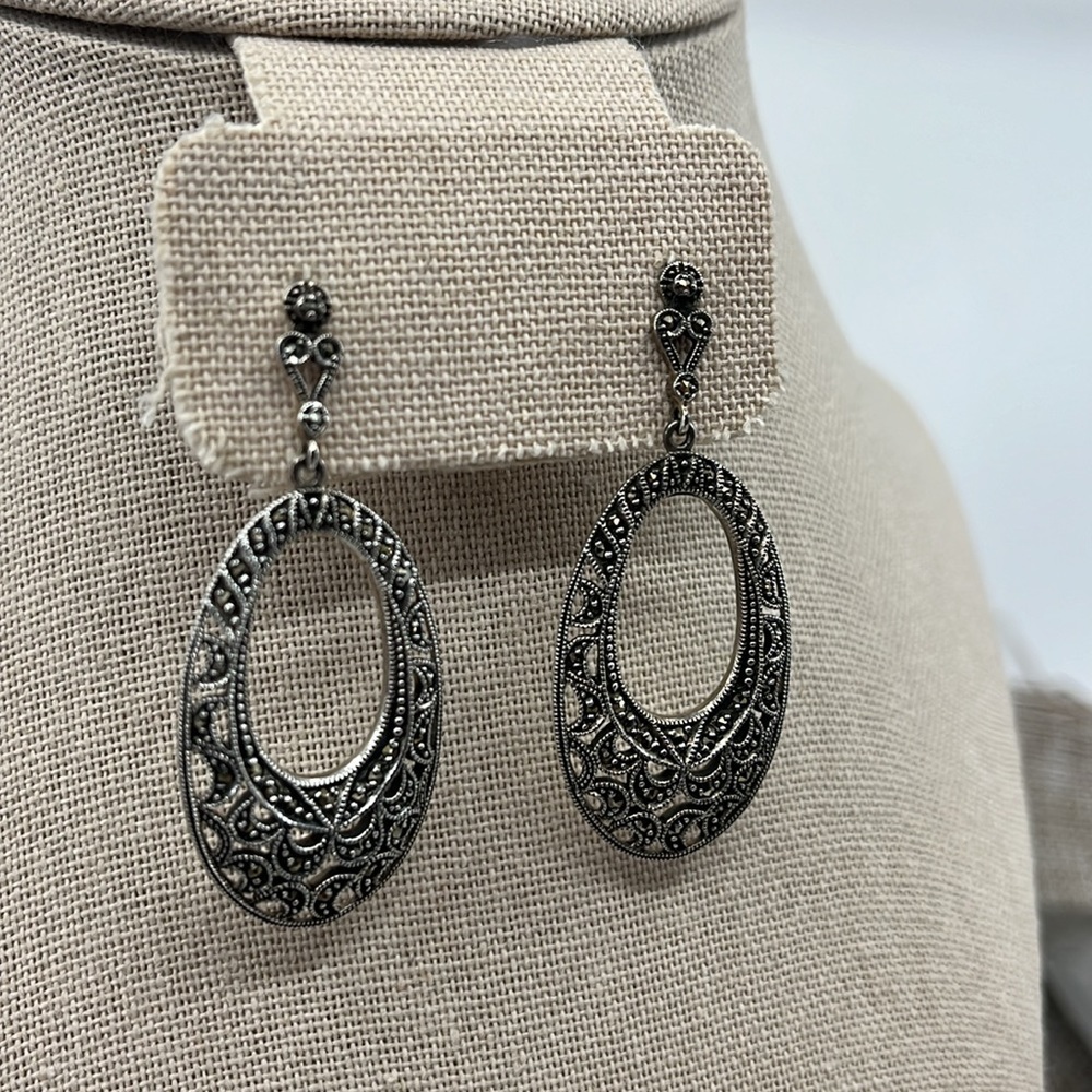Vintage Suspicion 925 Sterling Silver Marcasite Filigree Drop Earrings - Picture 7 of 11
